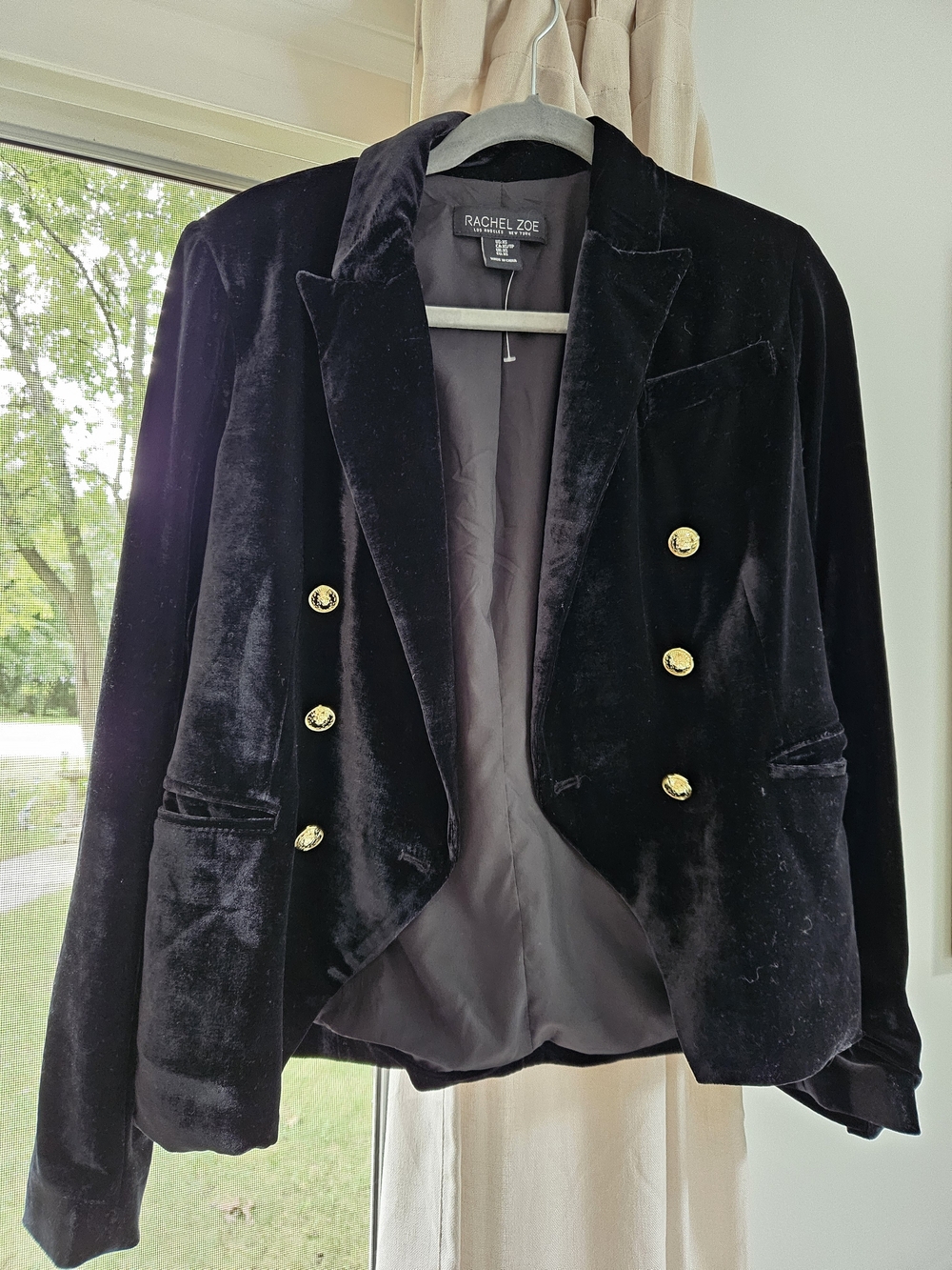 Rachel Zoe Black Velvet Double-Breasted Blazer with Gold Buttons